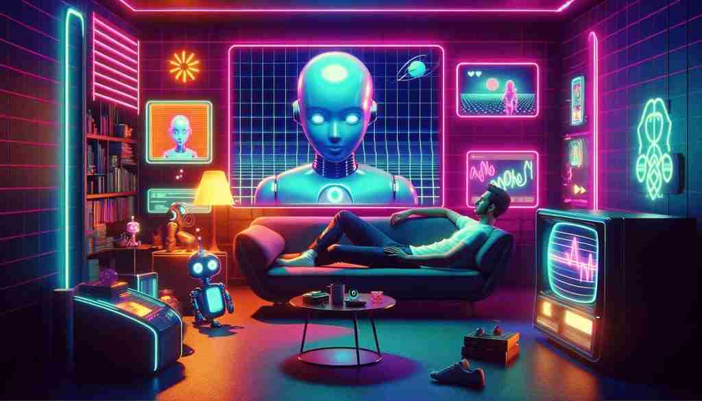 Alt-tekst: "Futuristische woonkamer met een groot neonrobot hoofd, een persoon liggend op een bank en diverse neonversieringen." 