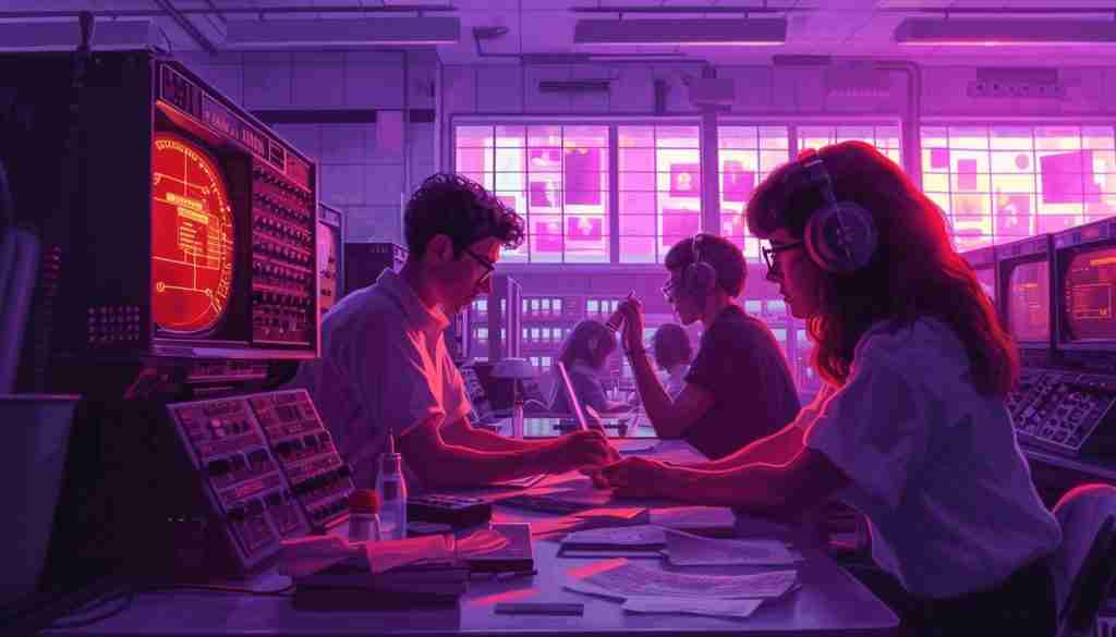 Mensen die aan tafel werken met computers in een kamer met paarse verlichting. Dit past bij het thema: leerlingen voorbereiden op AI 