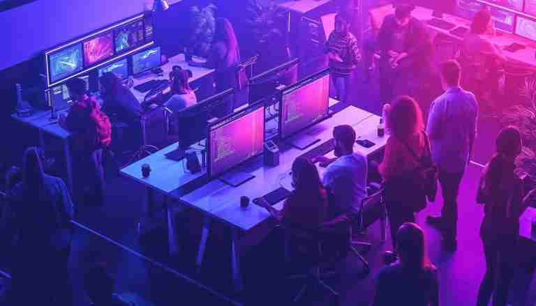 Een groep mensen die deelnemen aan een gaming evenement, met meerdere computers opgesteld in een zaal verlicht door paarse en blauwe neonlichten.