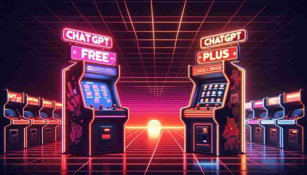 Alt-tekst: "Rij van arcade machines met 'CHATGPT FREE' en 'CHATGPT PLUS' in neonlicht tegen een achtergrond met een digitale zonsondergang." 