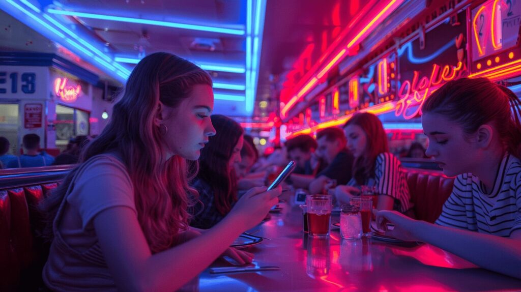 kinderen op smartphone in retro diner