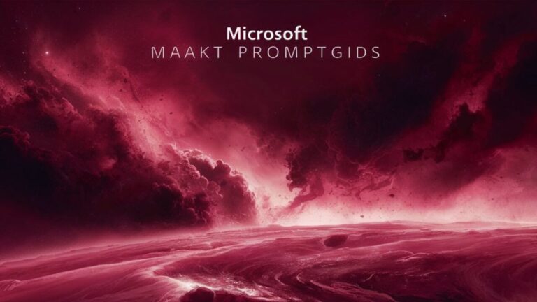 Rood getinte afbeelding van een buitenaards landschap met tekst "Microsoft maakt promptgids".