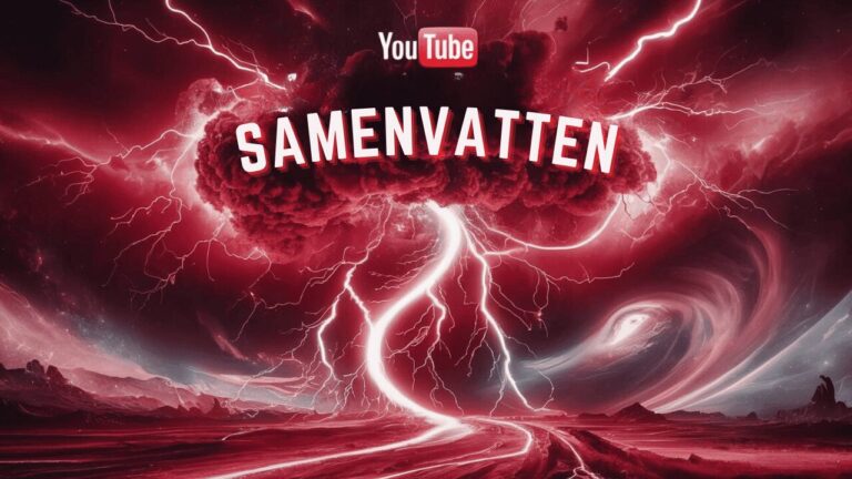 YouTube-logo en de tekst "SAMENVATTEN" tegen een achtergrond van rode bliksem en wolkenformaties