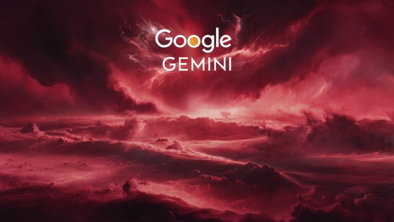 Google Gemini logo op een rode, buitenaardse landschap achtergrond
